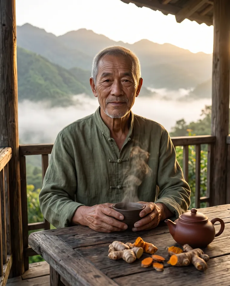 Mestre Chen tomando chá na varanda, com as montanhas ao fundo